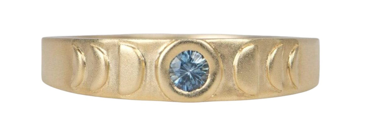 Montana Sapphire Crescent Moon Celestial Themed 14K Yellow Gold Bezel Set Ring R6060 Aurora Designer