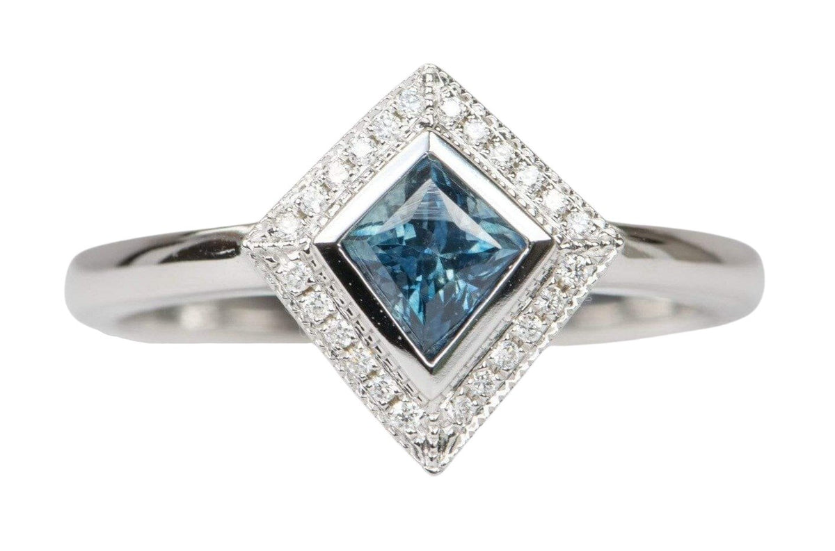 Kite Shape Montana Sapphire with Diamond Halo 14K White Gold Engagement Ring R6069 Aurora Designer