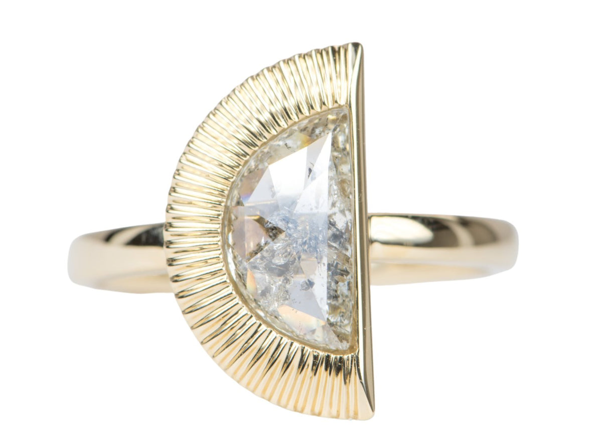 Half Moon Shape Salt and Pepper Diamond Sunburst Engagement Ring 14K Yellow Gold R6075 Aurora Designer