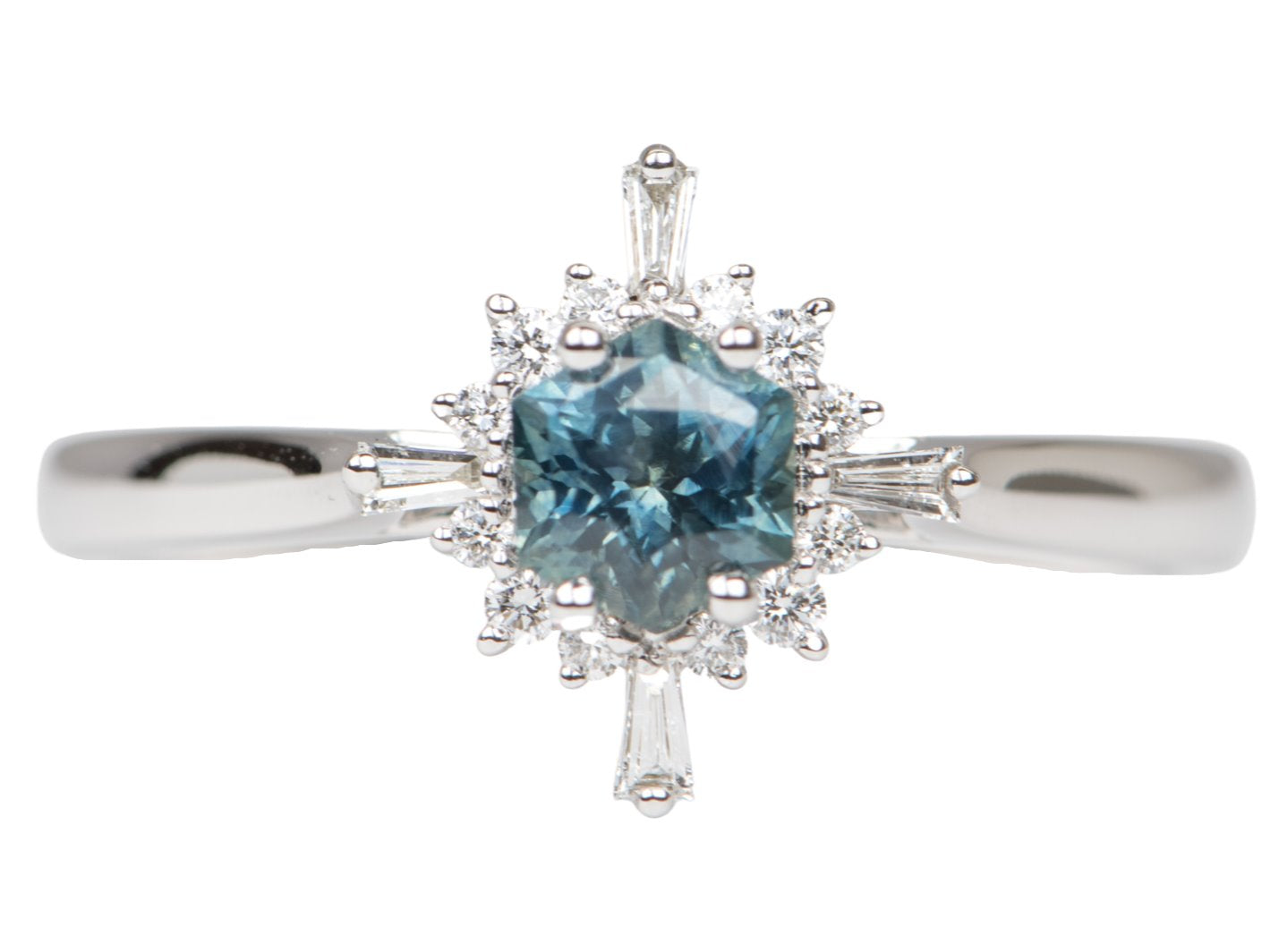 Blue Hexagon Montana Sapphire with Baguette Diamond Halo 14K White Gold Engagement Ring R6090 Aurora Designer