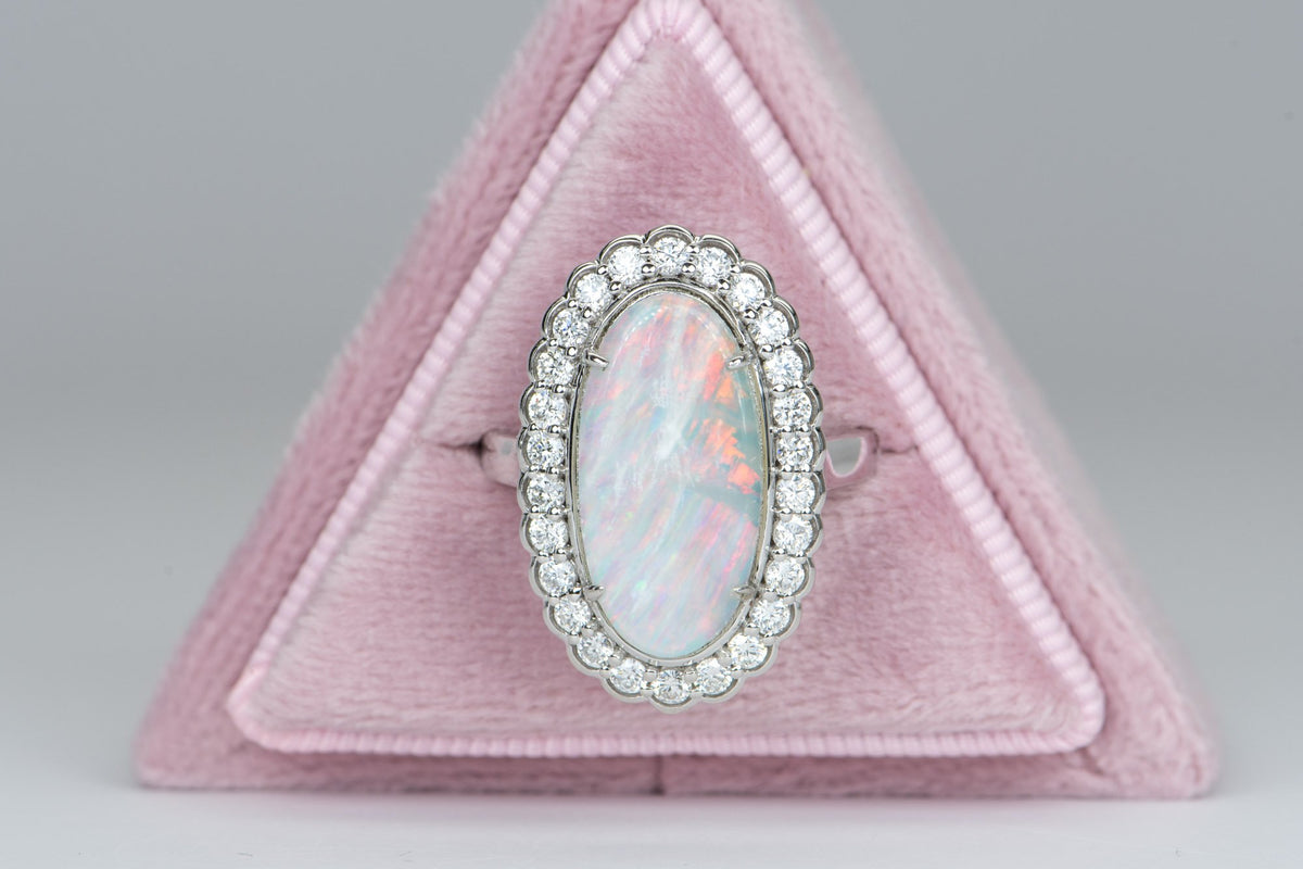 3.12ct Solid Australian Opal with Scallop Diamond Halo 14K White Gold Engagement Dinner Ring R6101 Aurora Designer