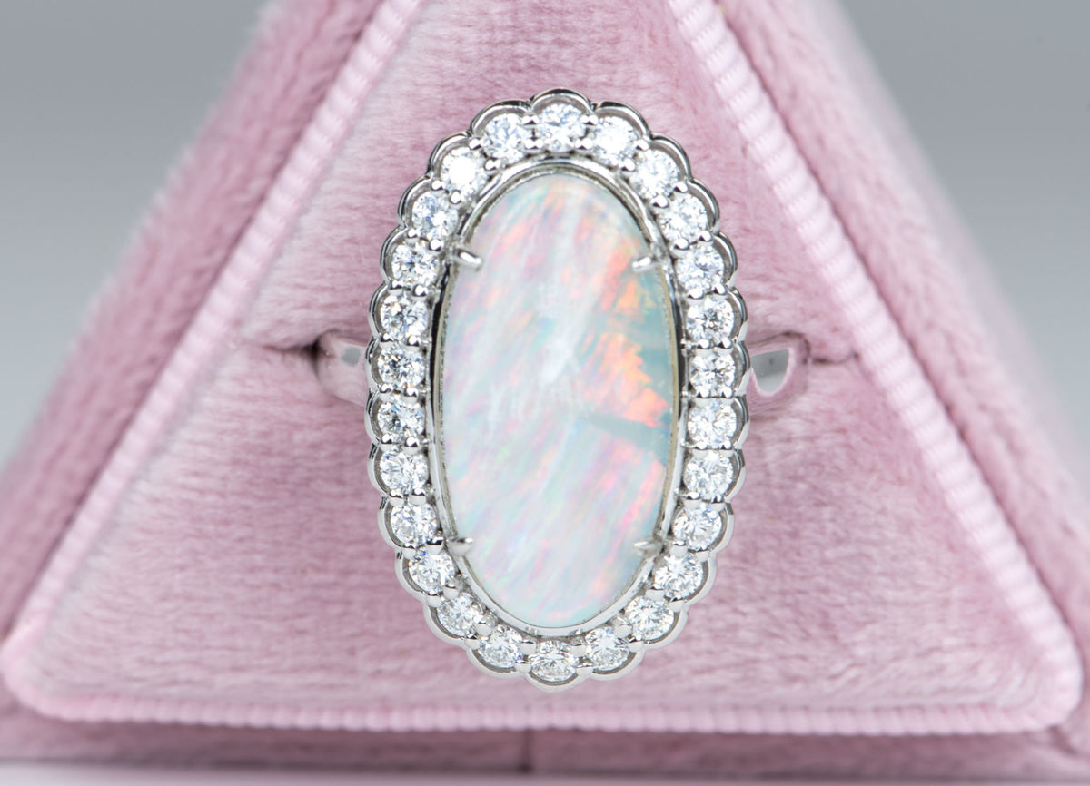 3.12ct Solid Australian Opal with Scallop Diamond Halo 14K White Gold Engagement Dinner Ring R6101 Aurora Designer