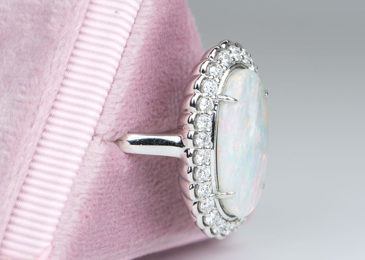 3.12ct Solid Australian Opal with Scallop Diamond Halo 14K White Gold Engagement Dinner Ring R6101 Aurora Designer
