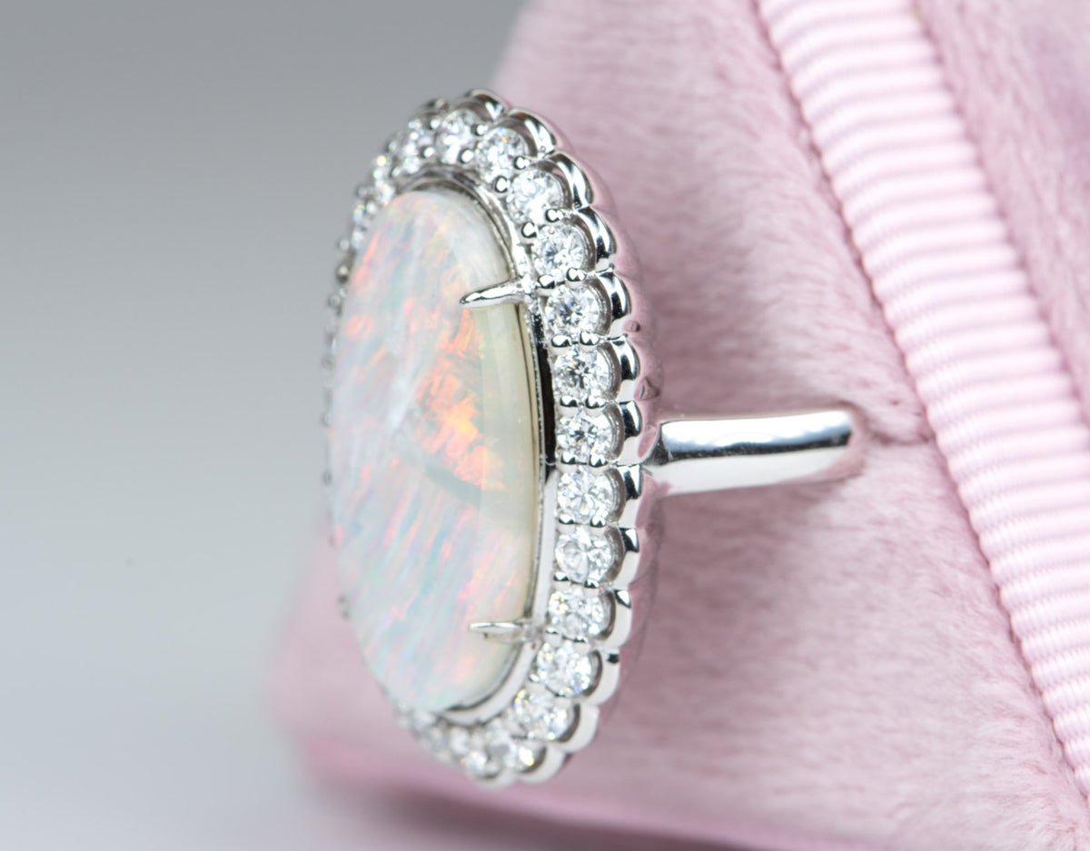 3.12ct Solid Australian Opal with Scallop Diamond Halo 14K White Gold Engagement Dinner Ring R6101 Aurora Designer