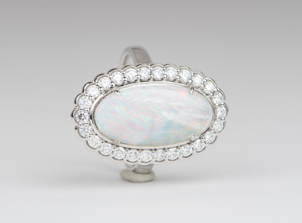 3.12ct Solid Australian Opal with Scallop Diamond Halo 14K White Gold Engagement Dinner Ring R6101 Aurora Designer