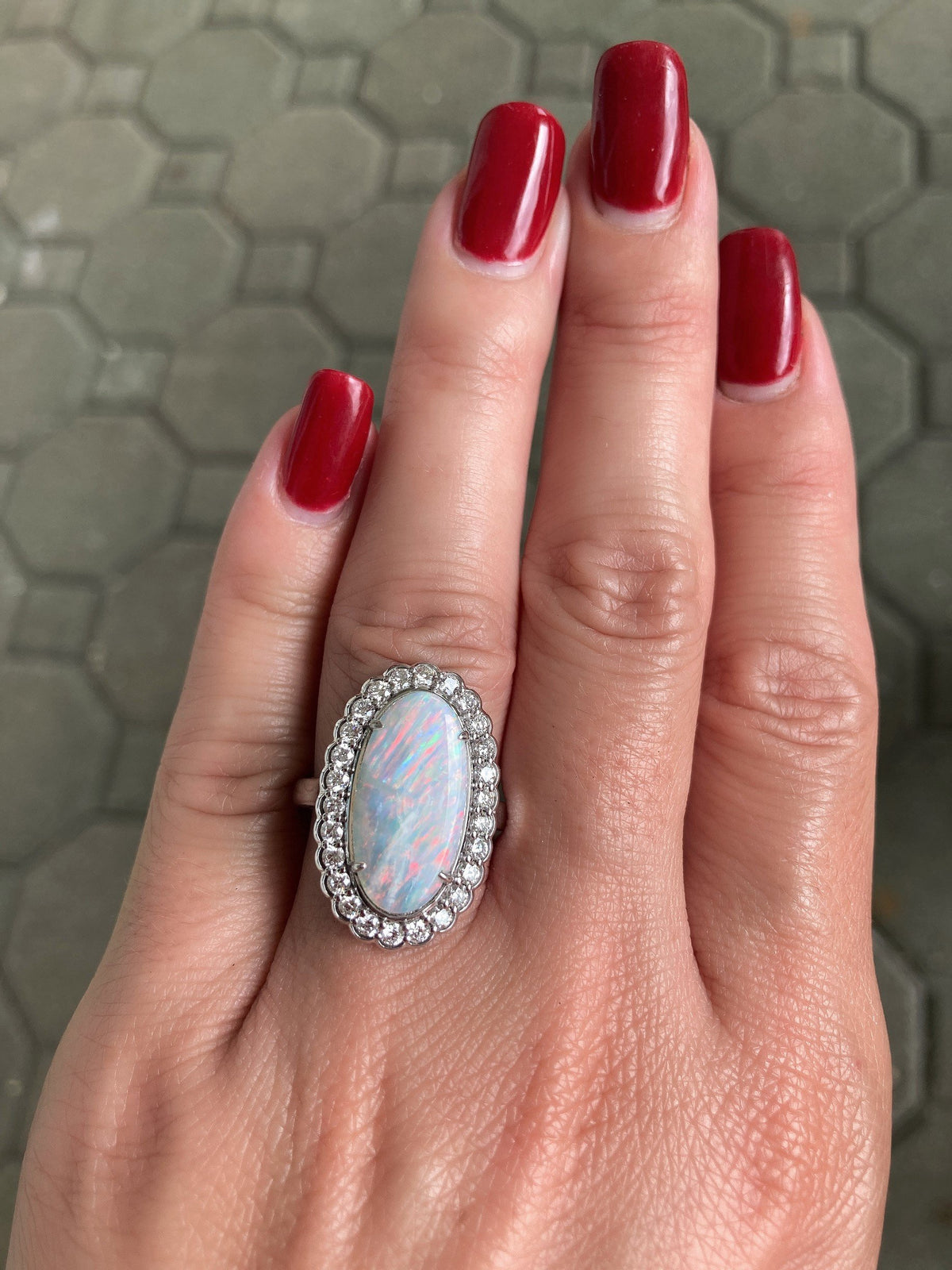 3.12ct Solid Australian Opal with Scallop Diamond Halo 14K White Gold Engagement Dinner Ring R6101 Aurora Designer