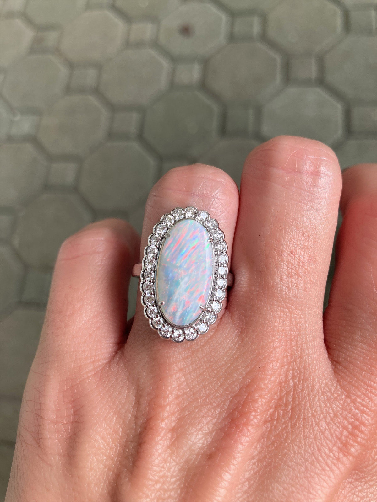 3.12ct Solid Australian Opal with Scallop Diamond Halo 14K White Gold Engagement Dinner Ring R6101 Aurora Designer