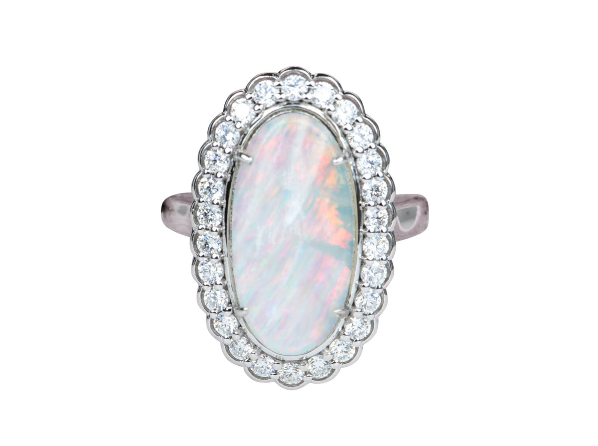 3.12ct Solid Australian Opal with Scallop Diamond Halo 14K White Gold Engagement Dinner Ring R6101 Aurora Designer