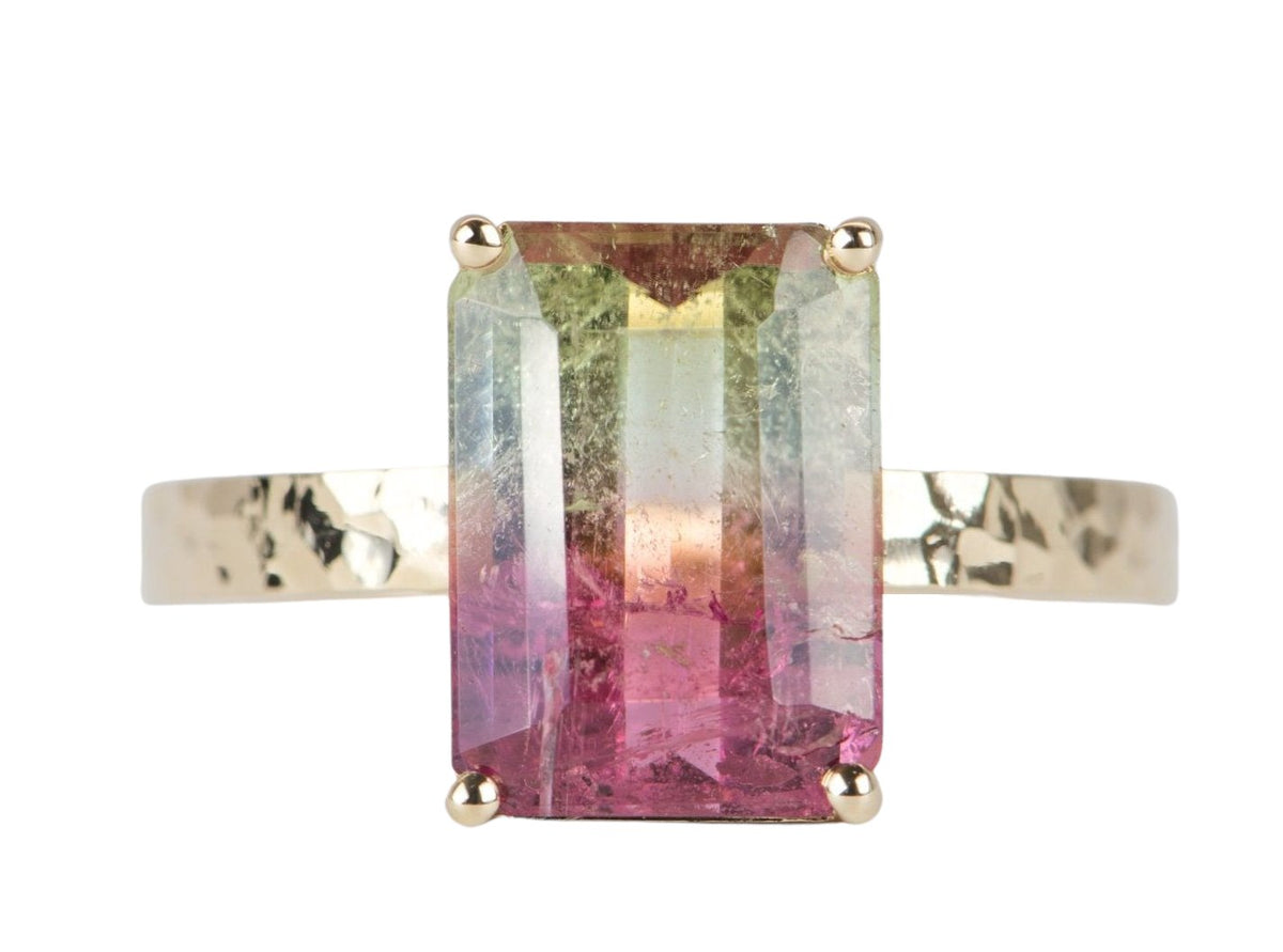 4.05ct Bi-Color Watermelon Tourmaline Statement Ring 14K Yellow Gold Hammered Texture Band R6117 Aurora Designer
