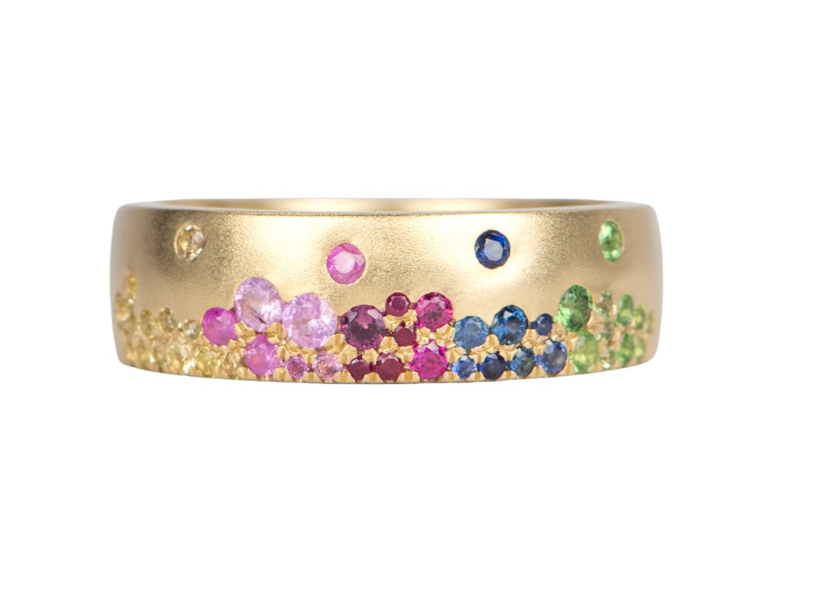 6mm Wide 14K Gold Wedding Band with Sprinkle Rainbow Sapphire R6139 Aurora Designer