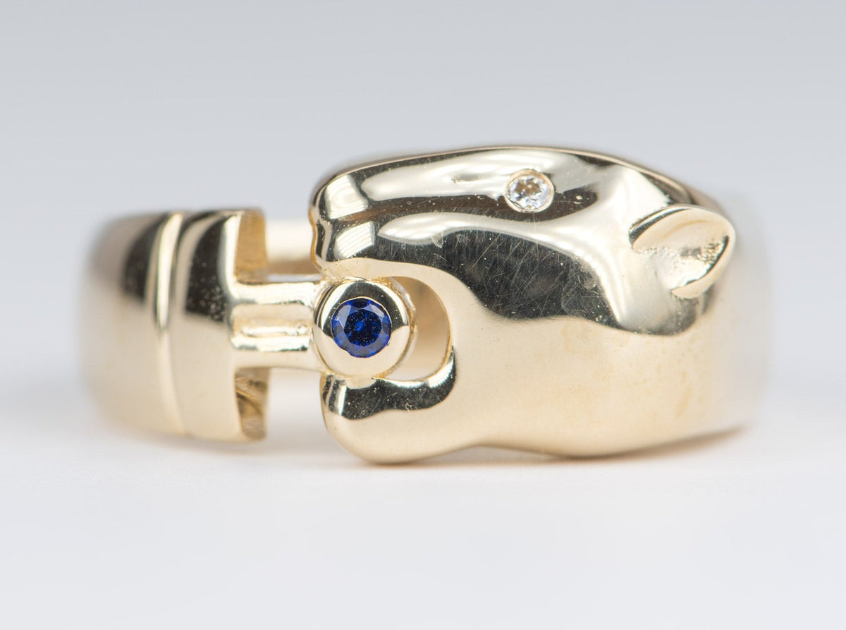 Vintage-Inspired 14K Yellow Gold Panther Ring with Diamond Eye Sapphire Mouth R6140 Aurora Designer