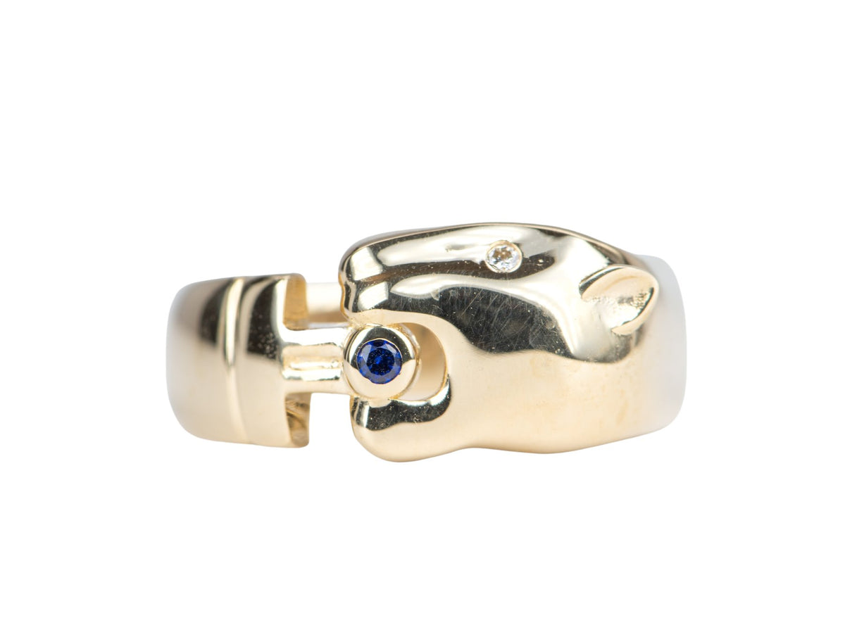 Vintage-Inspired 14K Yellow Gold Panther Ring with Diamond Eye Sapphire Mouth R6140 Aurora Designer