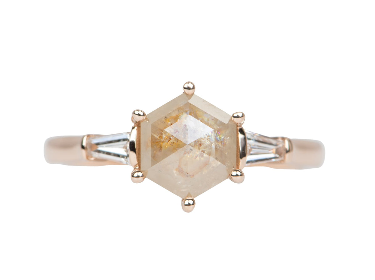 1.52ct Hexagon Salt and Pepper Diamond with Baguette Sides 14K Rose Gold Engagement Ring R6161 Aurora Designer