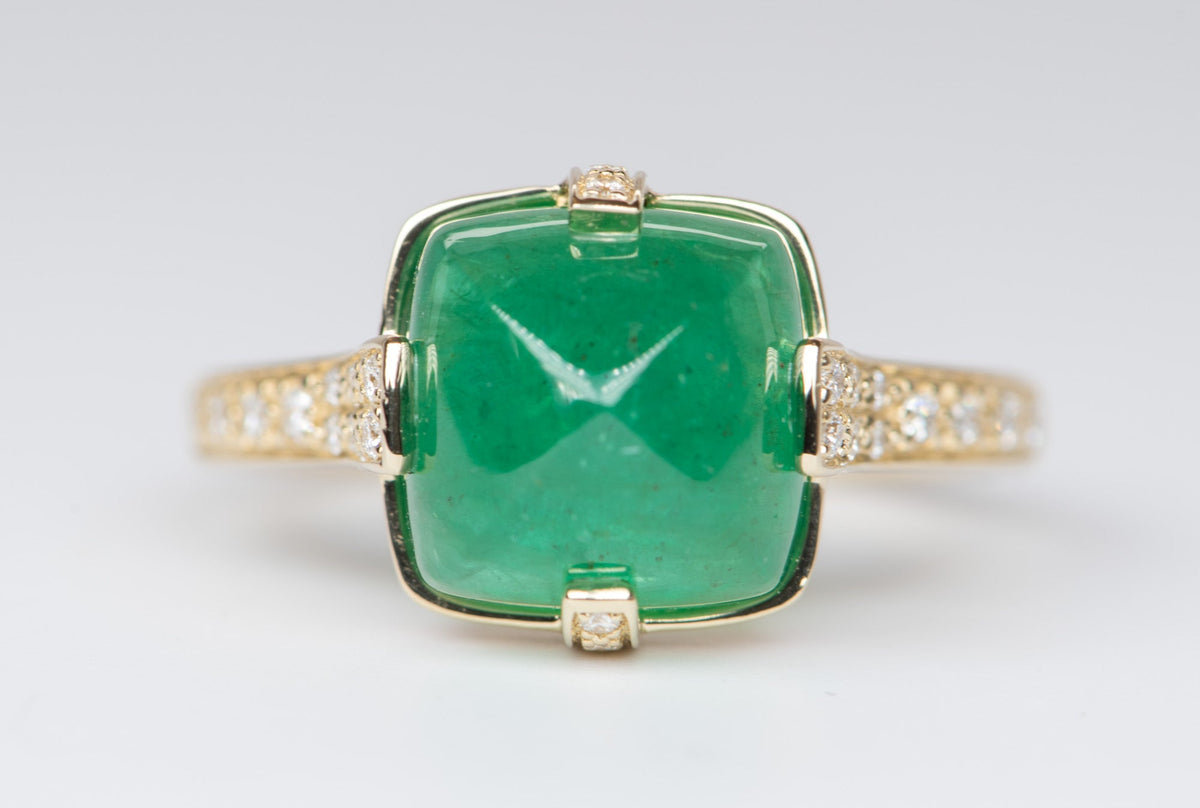 5.24ct Sugarloaf Emerald with Diamond Prongs Pave Band 14K Yellow Gold Statement Ring R6196 Aurora Designer
