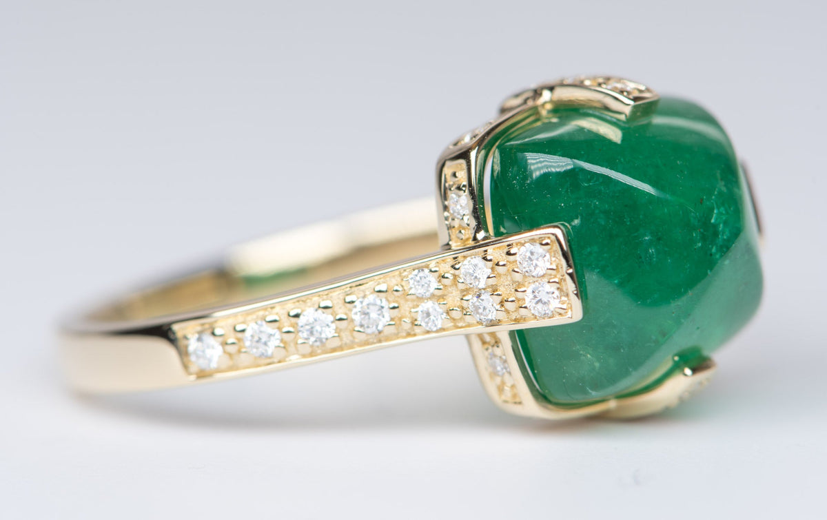 5.24ct Sugarloaf Emerald with Diamond Prongs Pave Band 14K Yellow Gold Statement Ring R6196 Aurora Designer
