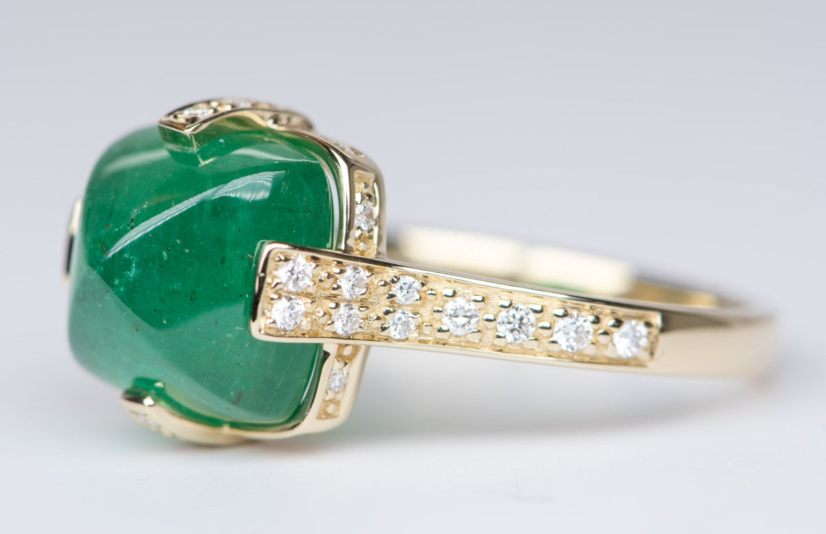 5.24ct Sugarloaf Emerald with Diamond Prongs Pave Band 14K Yellow Gold Statement Ring R6196 Aurora Designer