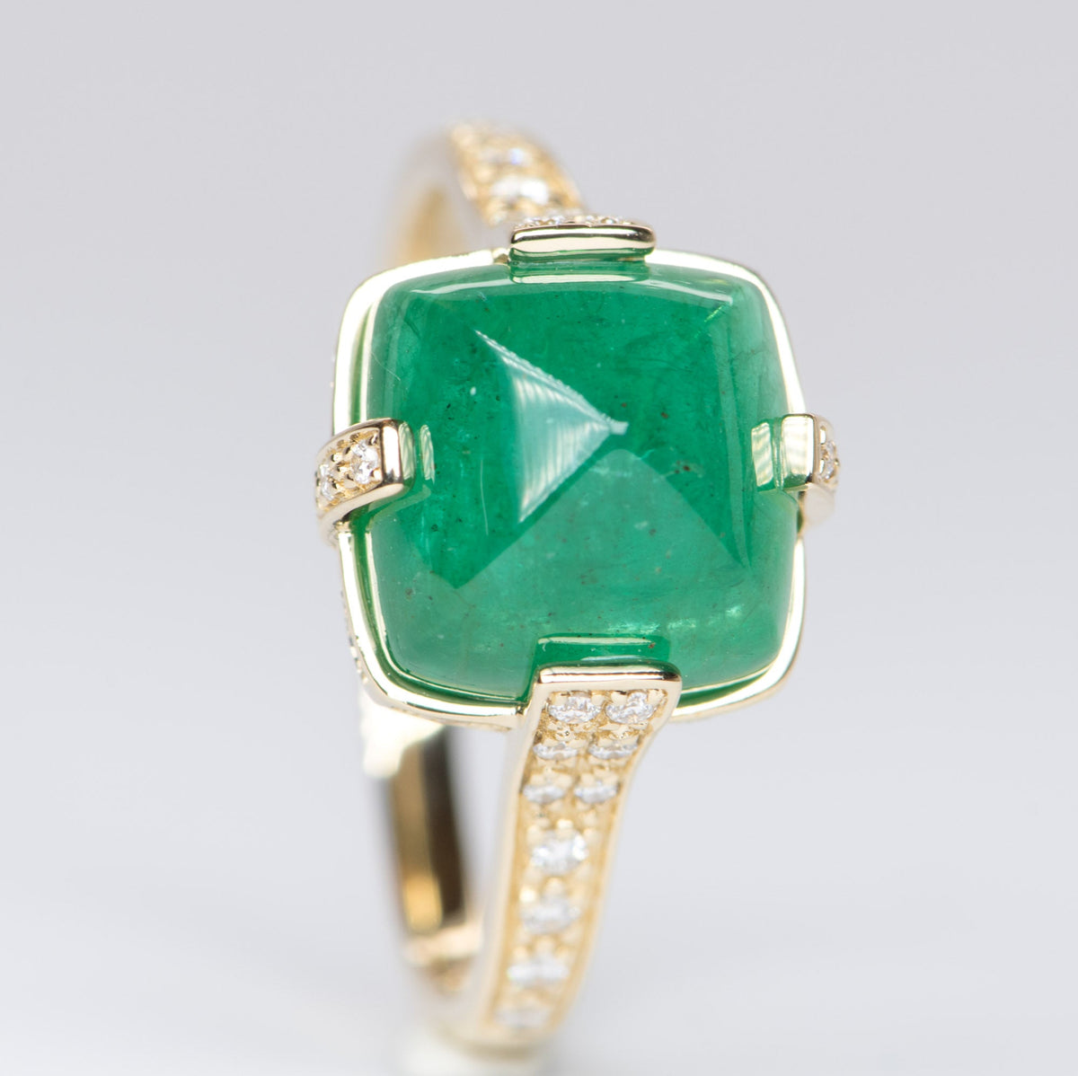 5.24ct Sugarloaf Emerald with Diamond Prongs Pave Band 14K Yellow Gold Statement Ring R6196 Aurora Designer