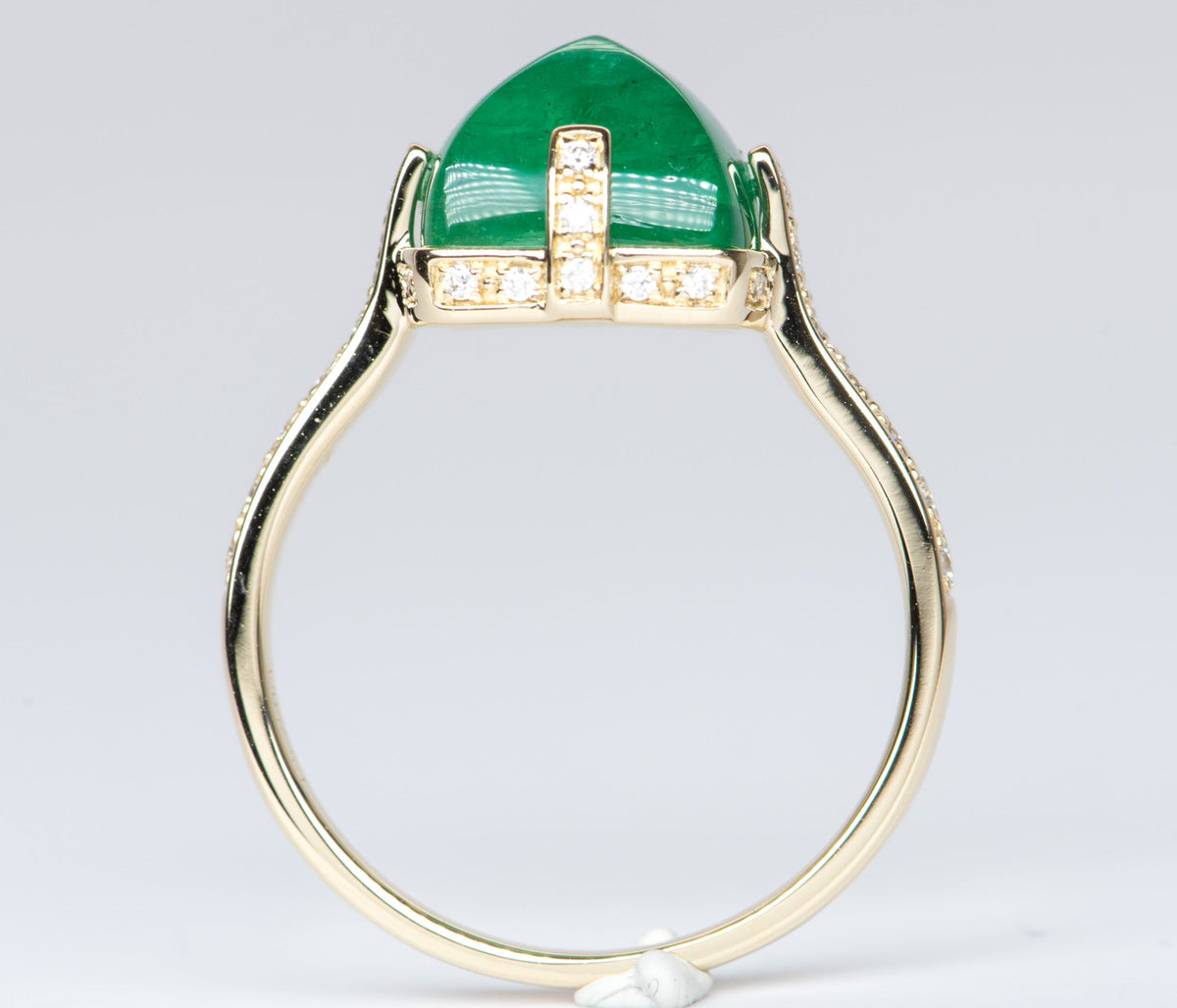 5.24ct Sugarloaf Emerald with Diamond Prongs Pave Band 14K Yellow Gold Statement Ring R6196 Aurora Designer