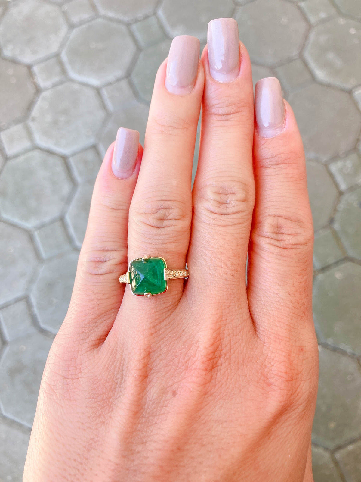 5.24ct Sugarloaf Emerald with Diamond Prongs Pave Band 14K Yellow Gold Statement Ring R6196 Aurora Designer
