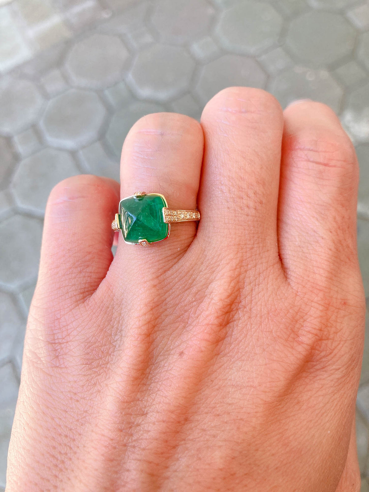 5.24ct Sugarloaf Emerald with Diamond Prongs Pave Band 14K Yellow Gold Statement Ring R6196 Aurora Designer