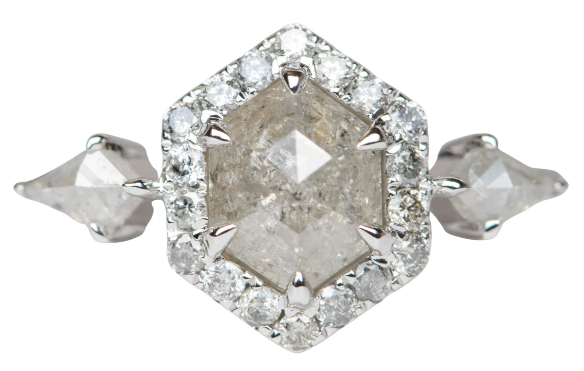 1.41ct Hexagon Diamond with Halo and Kite Sides 14K White Gold Engagement Ring R6197 Aurora Designer
