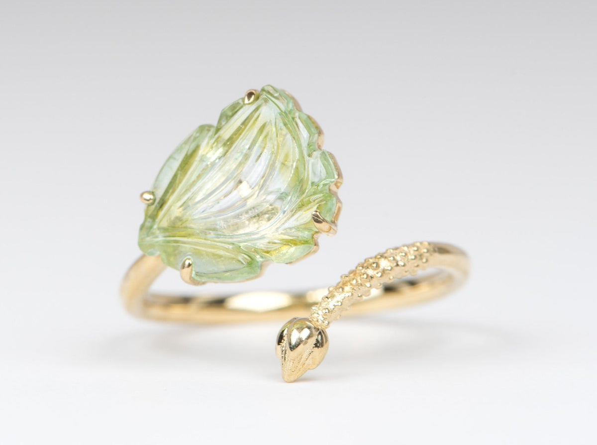 2.88ct Tourmaline Carved Flower with Lotus Stem 14K Yellow Gold Open End Ring OOAK Gift For Her Statement Ring Unique Gift R6211 Aurora Designer
