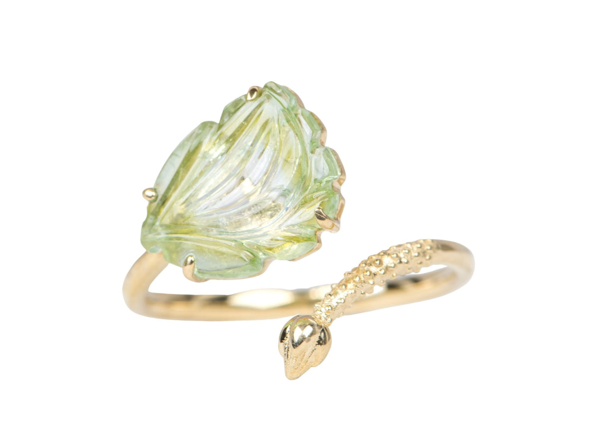 2.88ct Tourmaline Carved Flower with Lotus Stem 14K Yellow Gold Open End Ring OOAK Gift For Her Statement Ring Unique Gift R6211 Aurora Designer
