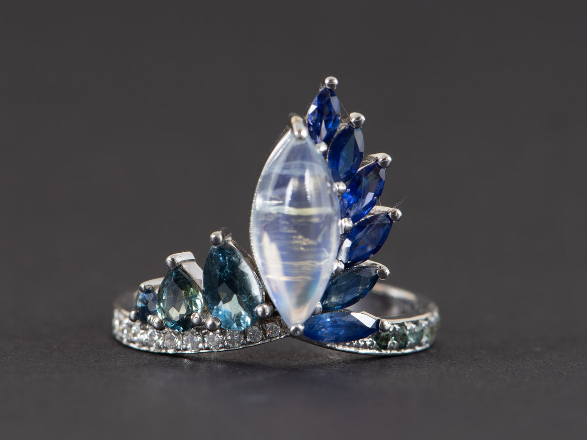 2.06ct Blue Flash Peacock Ring with Rainbow Moonstone Teal Sapphire Diamond Band 14K White Gold OOAK Alternative Bride Unique Ring R6219 Aurora Designer
