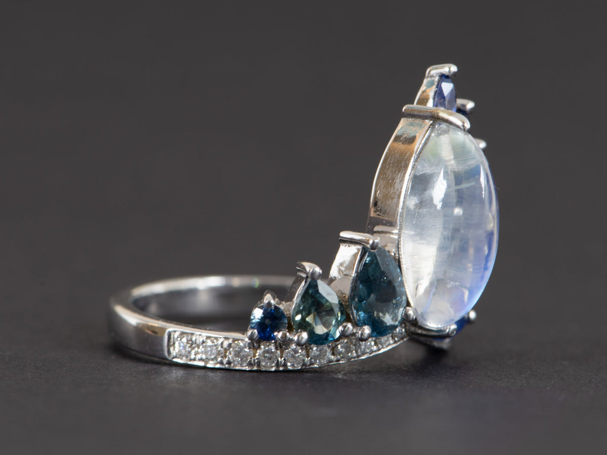 2.06ct Blue Flash Peacock Ring with Rainbow Moonstone Teal Sapphire Diamond Band 14K White Gold OOAK Alternative Bride Unique Ring R6219 Aurora Designer