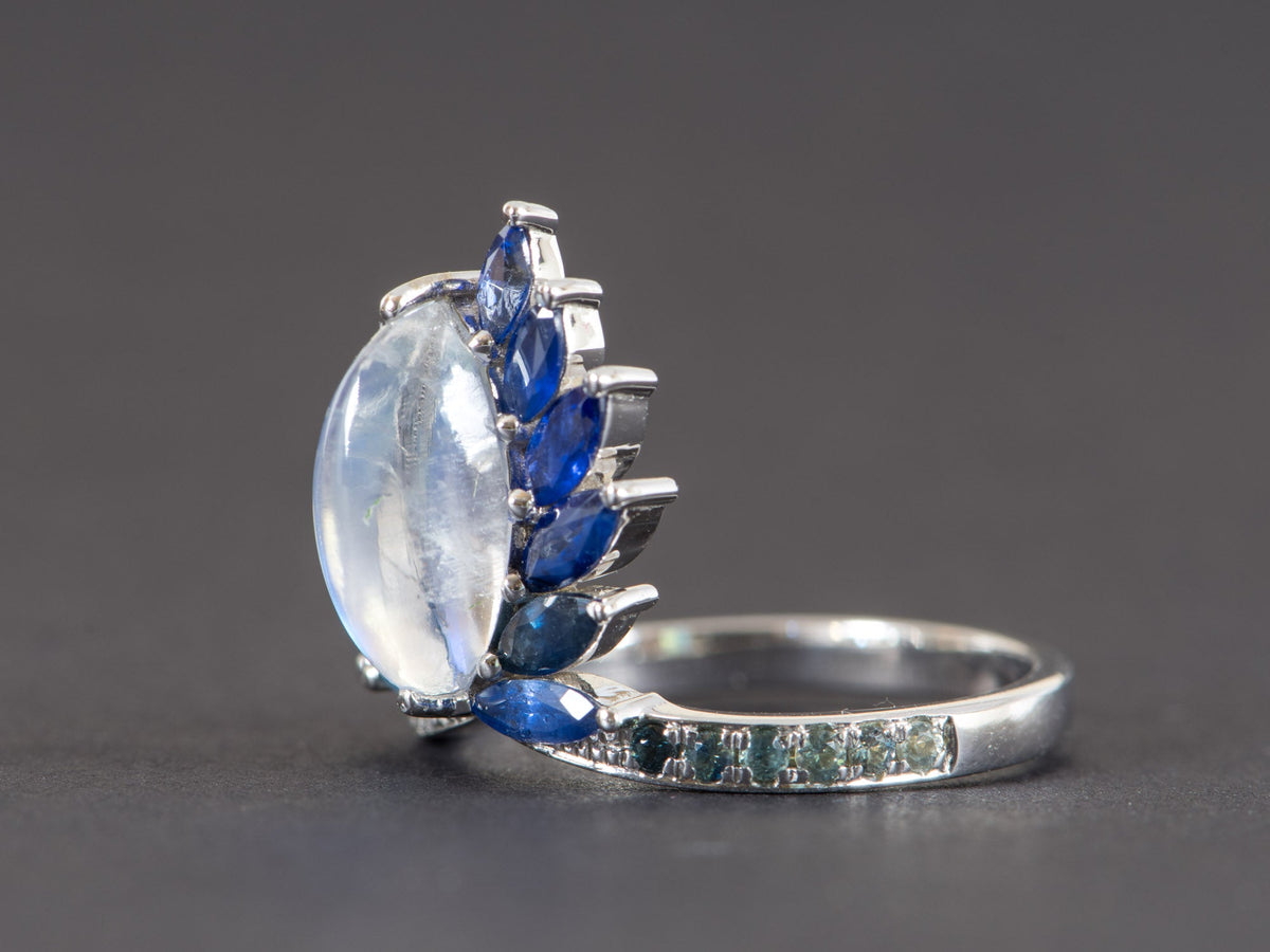 2.06ct Blue Flash Peacock Ring with Rainbow Moonstone Teal Sapphire Diamond Band 14K White Gold OOAK Alternative Bride Unique Ring R6219 Aurora Designer