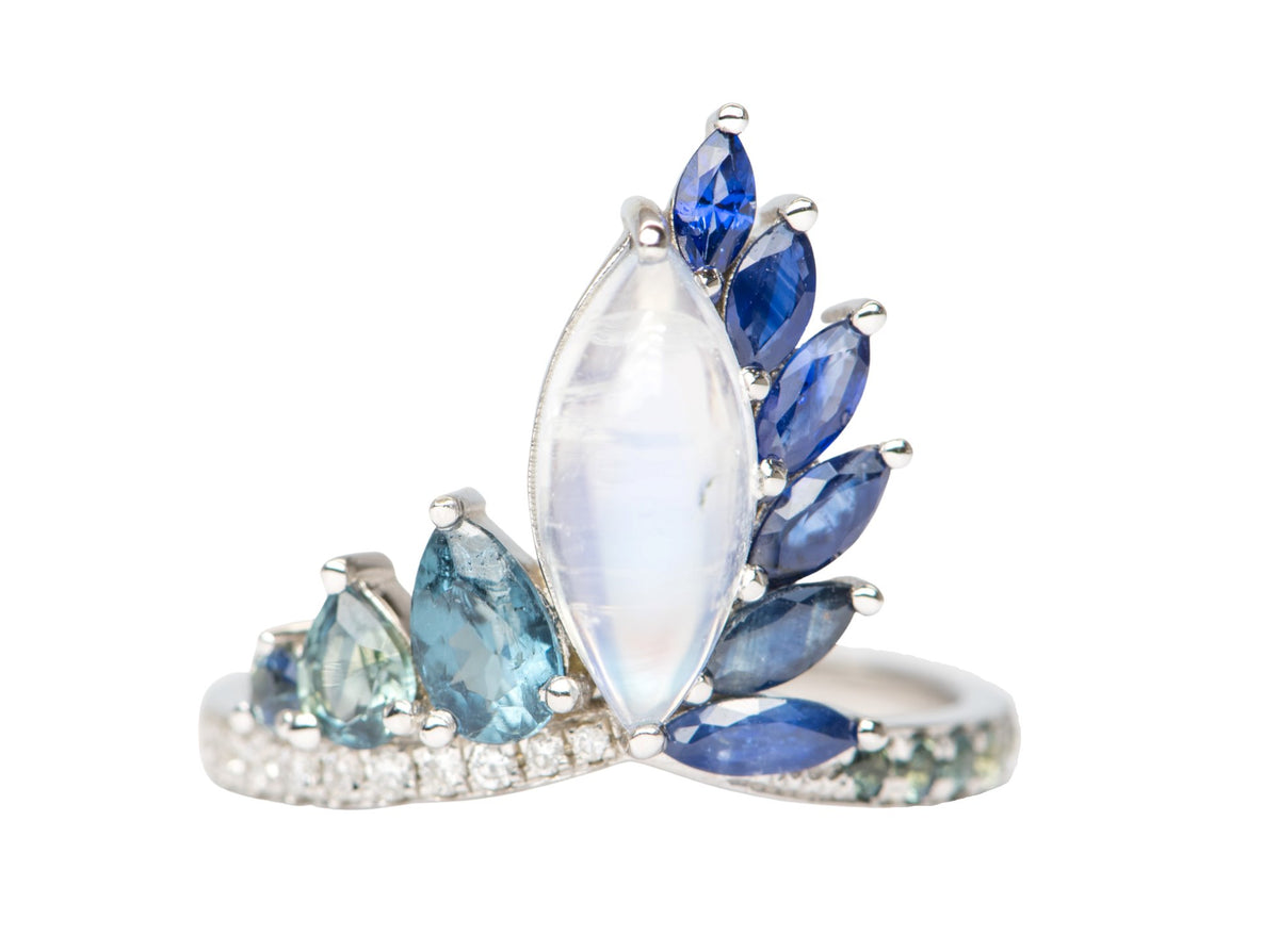 2.06ct Blue Flash Peacock Ring with Rainbow Moonstone Teal Sapphire Diamond Band 14K White Gold OOAK Alternative Bride Unique Ring R6219 Aurora Designer