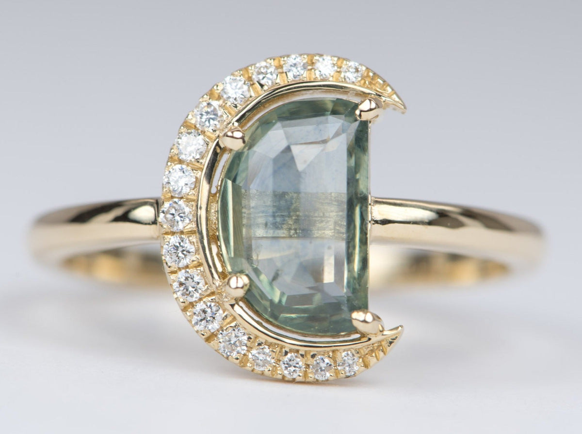 1.64ct Montana Sapphire Half Moon with Diamond Halo 14K Yellow Gold Engagement Ring OOAK Celestial Gift For Her September Birthstone R6222 Aurora Designer