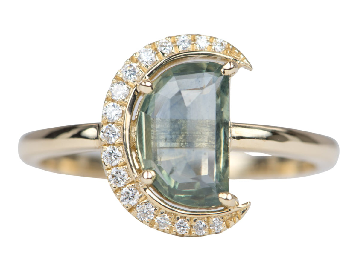 1.64ct Montana Sapphire Half Moon with Diamond Halo 14K Yellow Gold Engagement Ring OOAK Celestial Gift For Her September Birthstone R6222 Aurora Designer