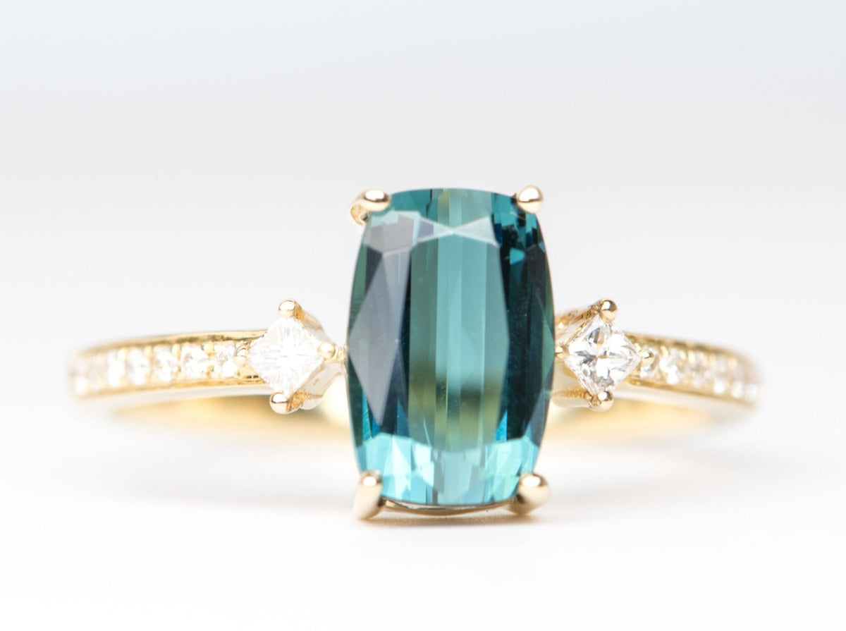 1.73ct Indicolite Tourmaline and Diamond Engagement Ring 14K Yellow Gold OOAK Alternative Bride Unique Gift For Her Modern Bride R6225 Aurora Designer