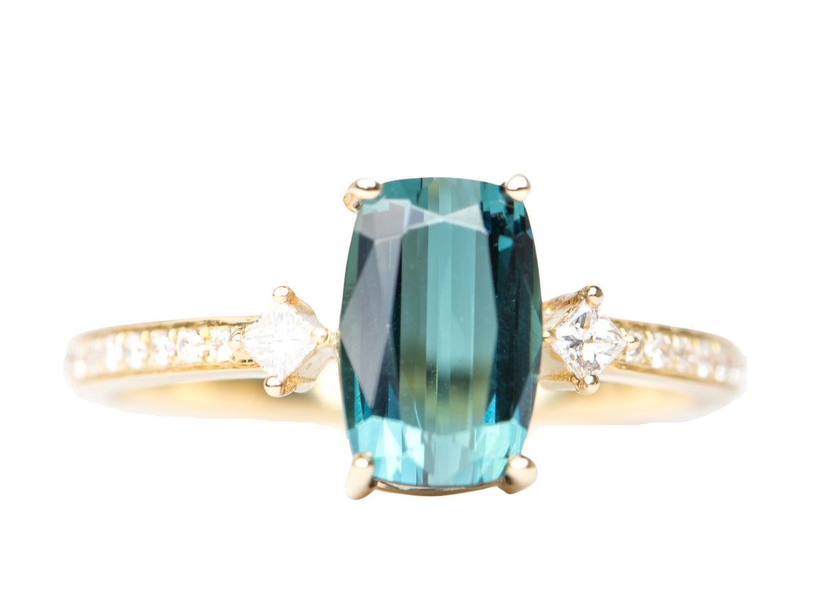1.73ct Indicolite Tourmaline and Diamond Engagement Ring 14K Yellow Gold OOAK Alternative Bride Unique Gift For Her Modern Bride R6225 Aurora Designer