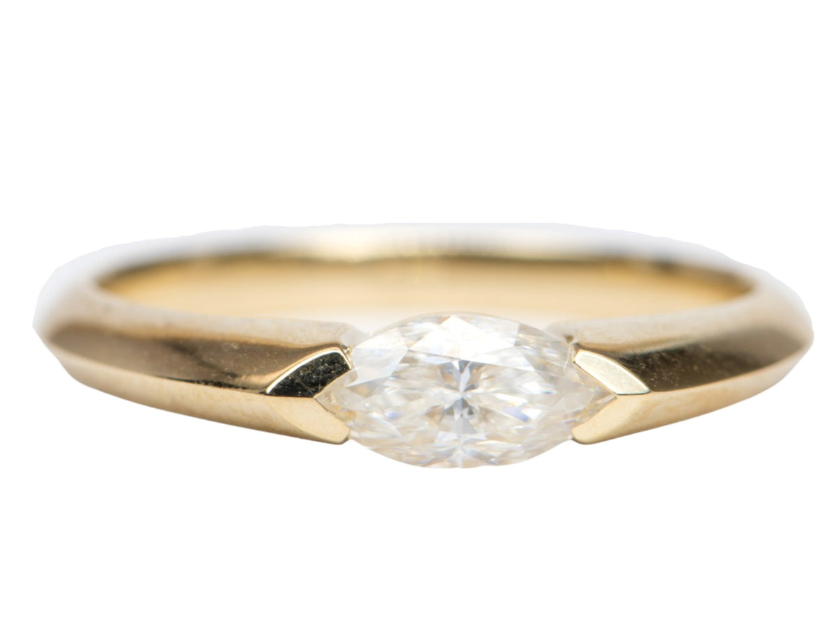 Half Carat Marquise Moissanite Half Bezel Set Band 14K Yellow Gold Engagement Ring R6251 Aurora Designer