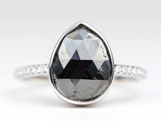 3.3ct Black Diamond Bezel Set with Pave Band 14K White Gold Engagement Ring R6258 Aurora Designer