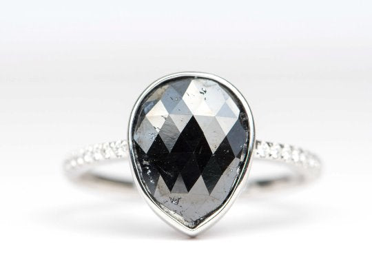 3.3ct Black Diamond Bezel Set with Pave Band 14K White Gold Engagement Ring R6258 Aurora Designer