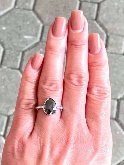 3.3ct Black Diamond Bezel Set with Pave Band 14K White Gold Engagement Ring R6258 Aurora Designer