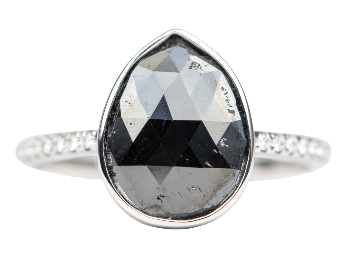 3.3ct Black Diamond Bezel Set with Pave Band 14K White Gold Engagement Ring R6258 Aurora Designer
