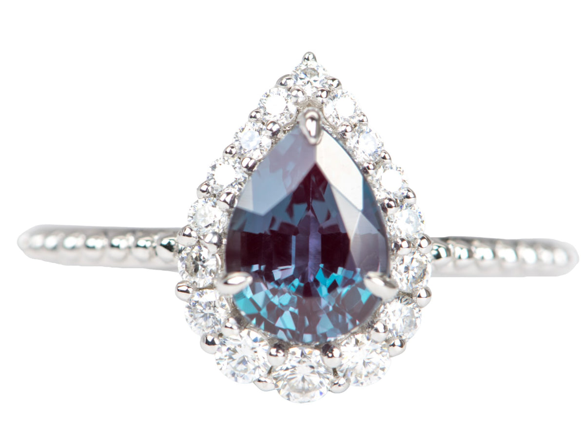 1.4ct Lab-Created Alexandrite Moissanite Halo Engagement Ring 14K Gold R6262 Aurora Designer