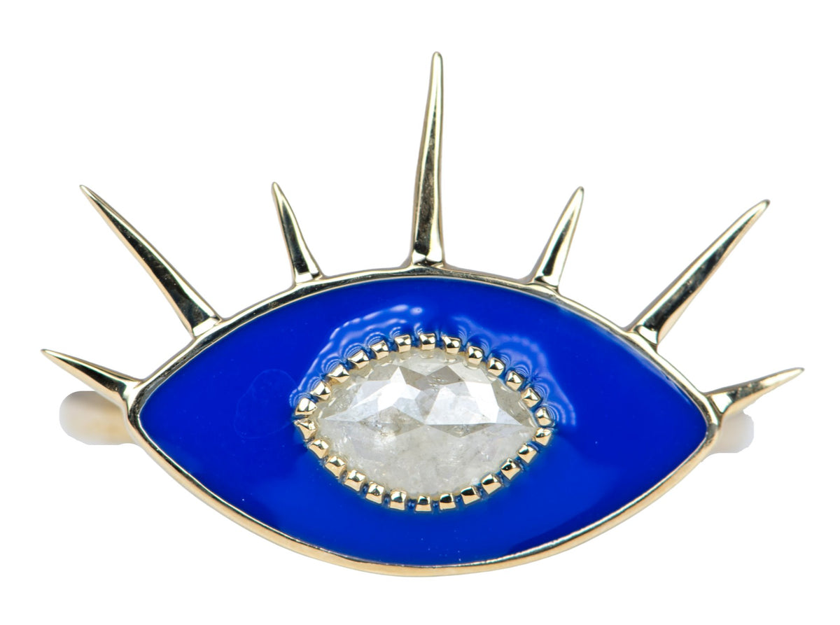 Icy Diamond with Blue Enamel 14K Yellow Gold Evil Eye Ring R6274 Aurora Designer