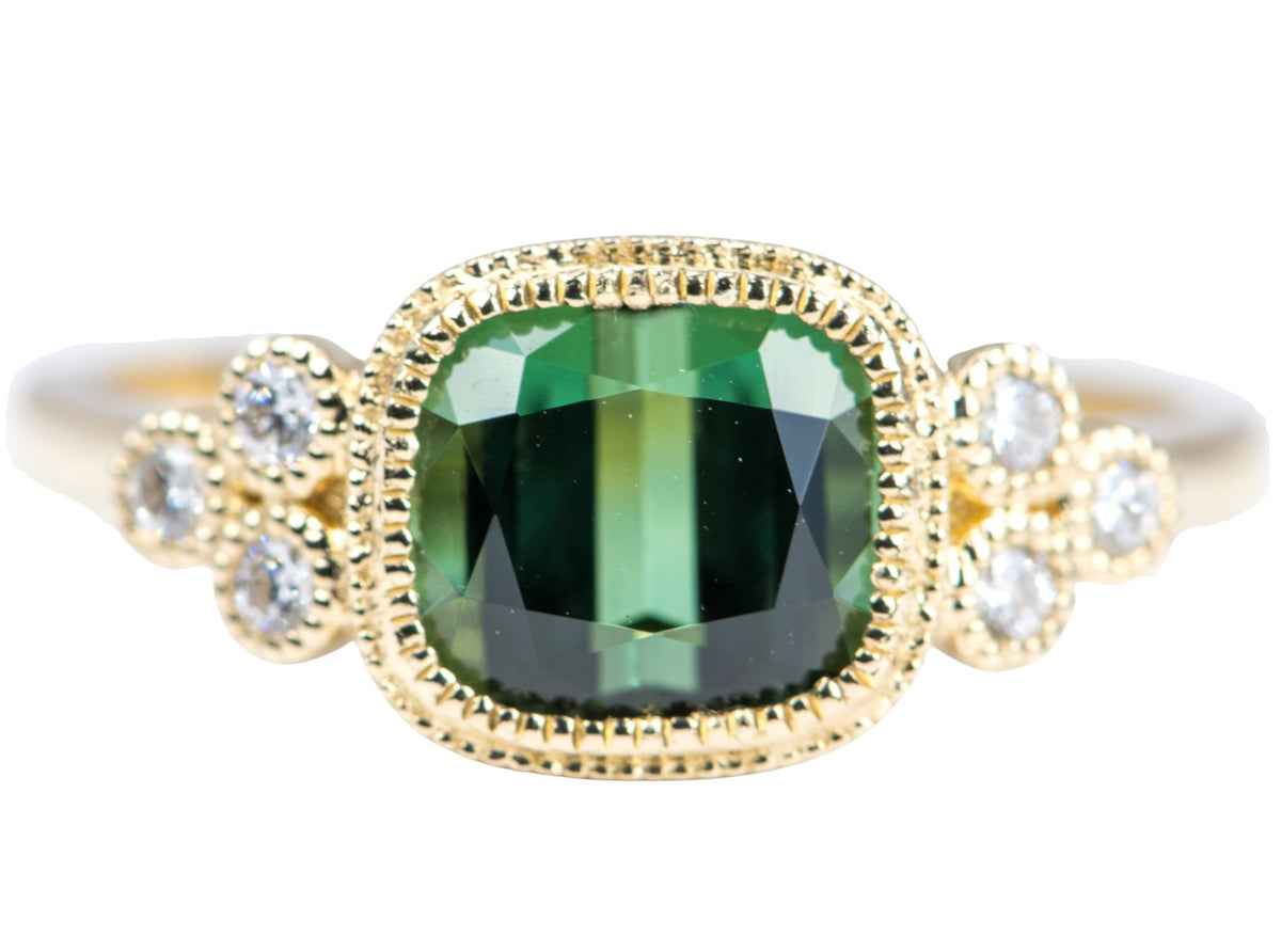 2.38ct Intense Green Tourmaline Milgrain Diamond 14K Gold Engagement Ring R6276 Aurora Designer
