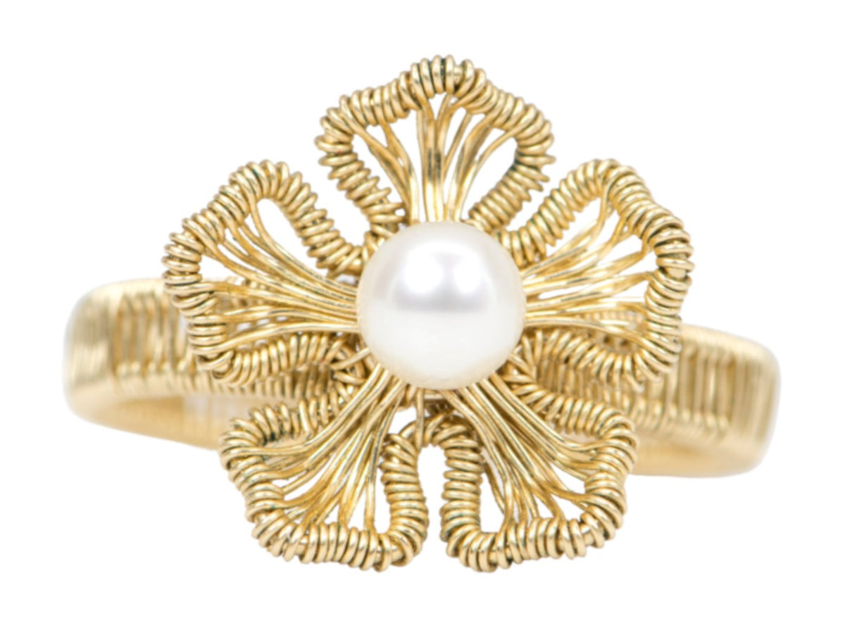 14K Gold Filled Wire Wrap Flower Motiff Open End Ring Freshwater Pearl R6278 Aurora Designer
