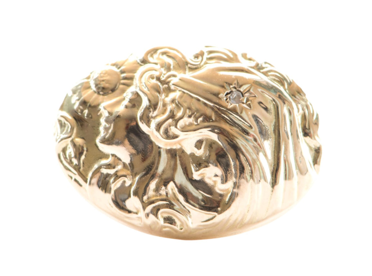 Victorian Art Nouveau Woman Face Diamond Repousse Ring 14K Yellow Gold R6280 Aurora Designer