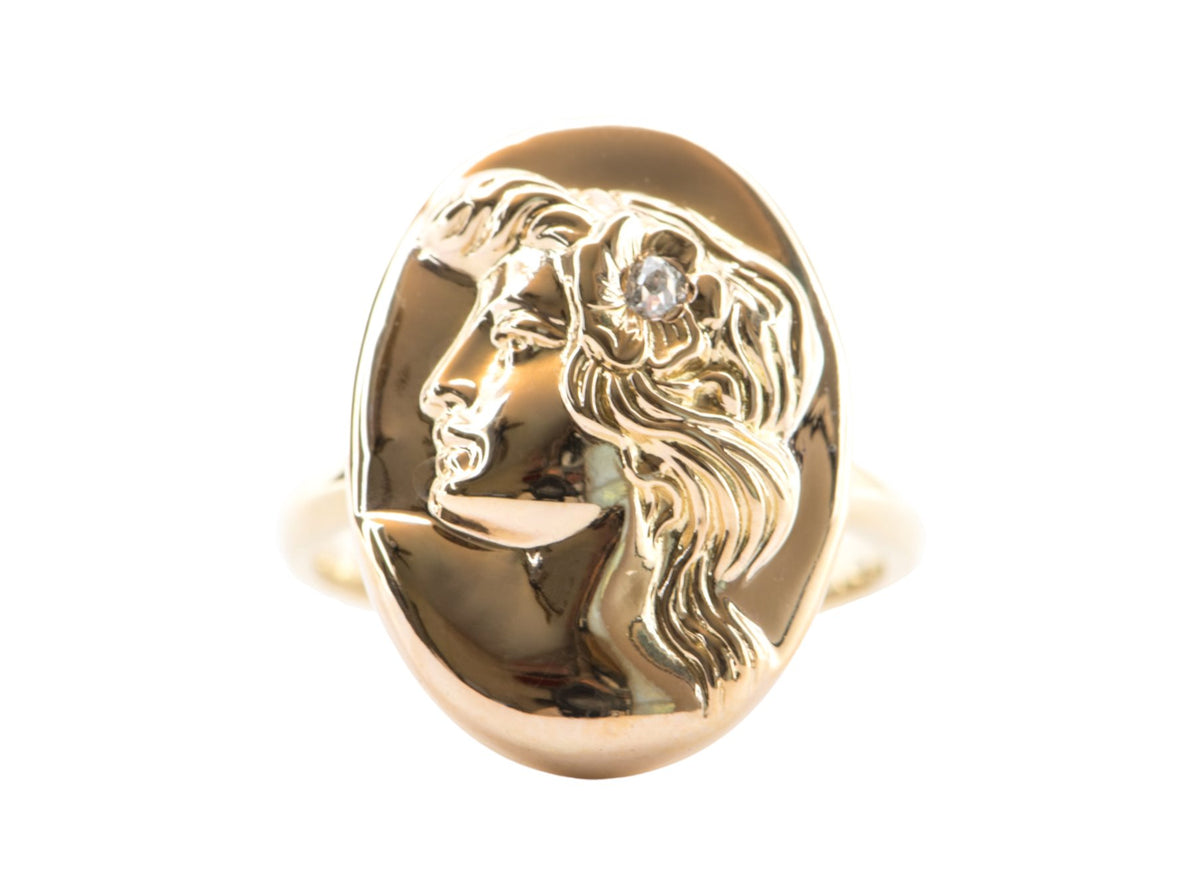 Victorian Art Nouveau Woman Face Diamond Repousse Ring 14K Yellow Gold R6281 Aurora Designer