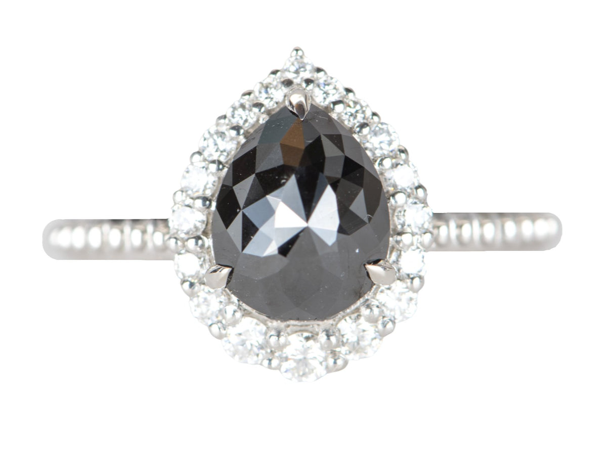 1.74ct Black Diamond with Clear Halo 14K White Gold Engagement Ring R6306 Aurora Designer