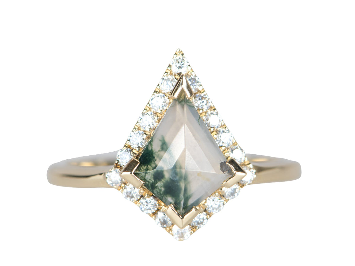 Kite Shape Moss Agate with Moissanite Halo 14K Yellow Gold Engagement Ring R6312 Aurora Designer