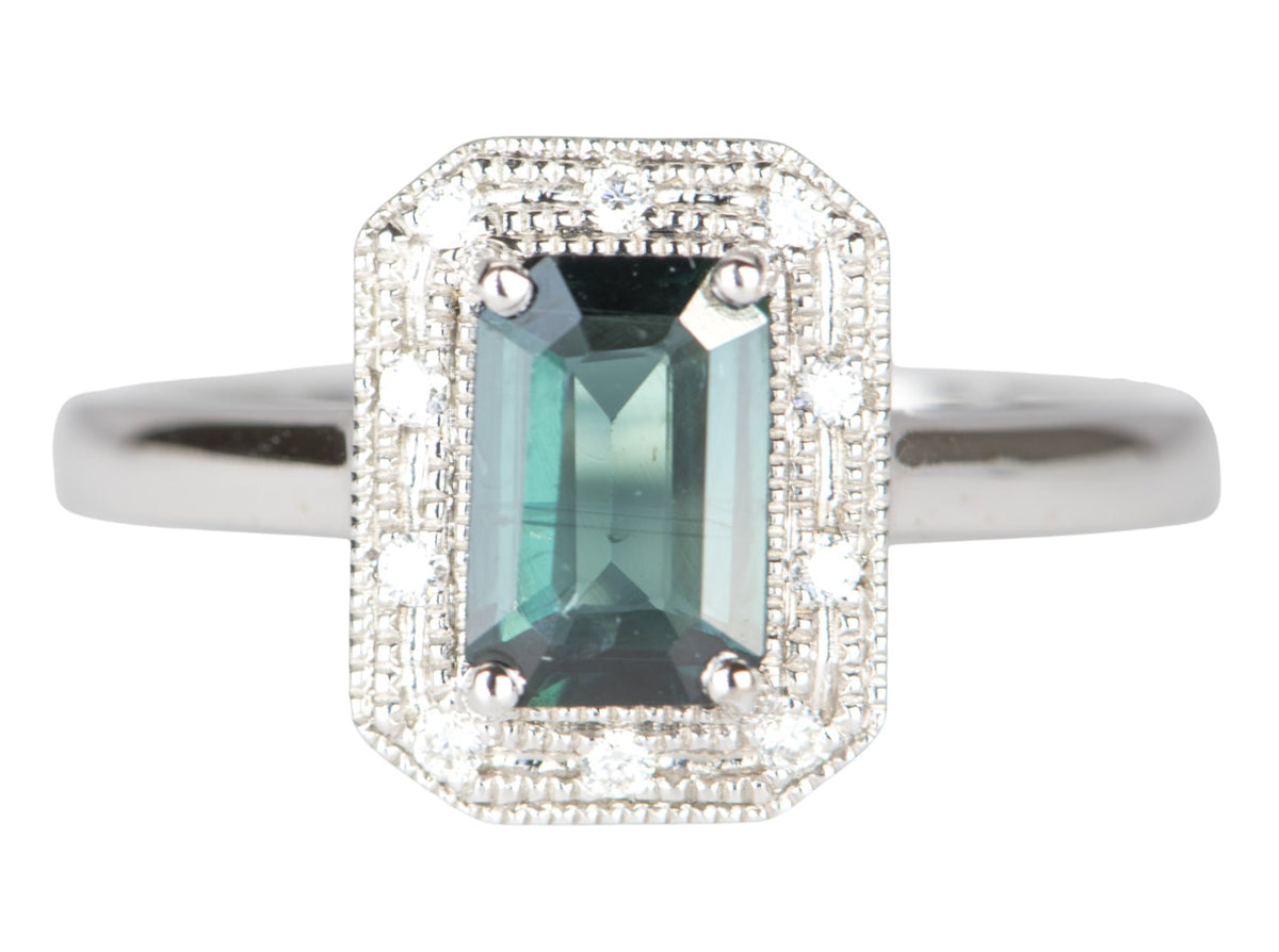 1.25ct Teal Blue Nigerian Sapphire Diamond Halo 14K Gold Engagement Ring R6315 Aurora Designer