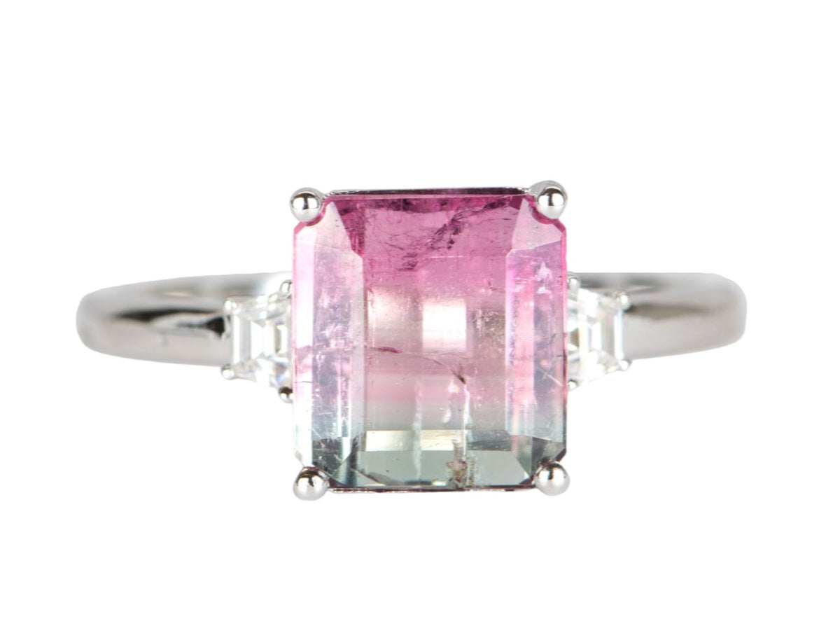 2.4ct Bi-Color Tourmaline with Moissanite Sides 14K White Gold Ring R6334 Aurora Designer